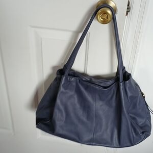 Navy Blue Leather Shoulder Bag - Classic Women's Tote